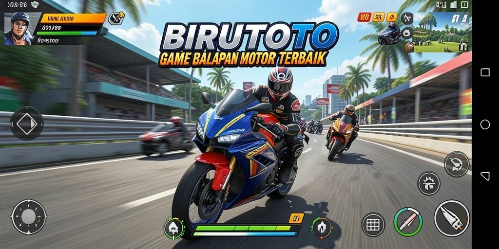 Screenshot gameplay BIRUTOTO menampilkan balapan motor yang intens dan menegangkan.