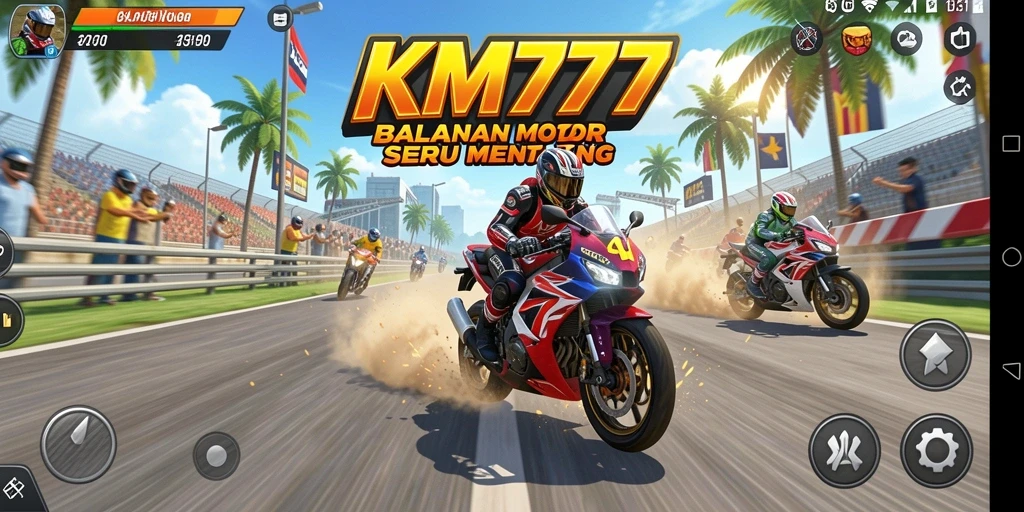 Tangkapan layar permainan KM777 dengan aksi balapan motor yang mendebarkan.