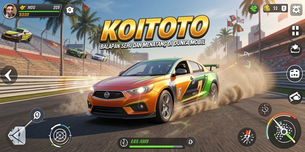 Tampilan gameplay balapan seru di KOITOTO dengan mobil berkecepatan tinggi.