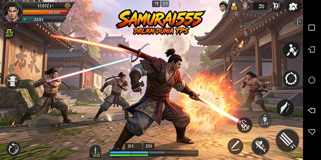 Tangkapan layar aksi mendebarkan dalam SAMURAI555 yang menunjukkan pertempuran TPS.
