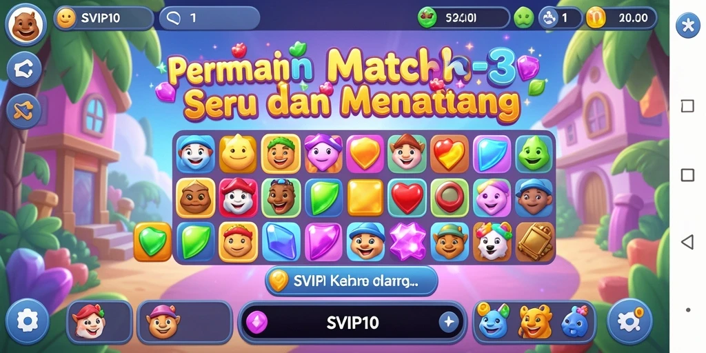 Tampilan gameplay Match-3 SVIP10 yang penuh warna dan dinamis.