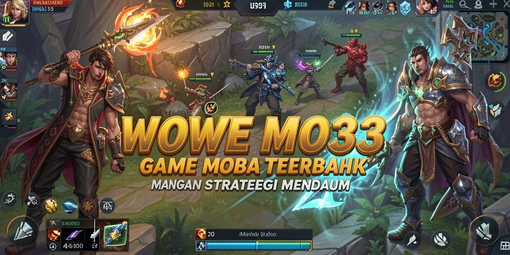 Screenshot gameplay WOW33 menunjukkan aksi intens dalam pertempuran tim MOBA.